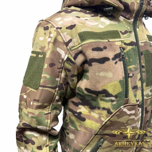 Тактична флісова кофта зі знімним капюшоном та мембранними вставками Softshell, multicam (UA)