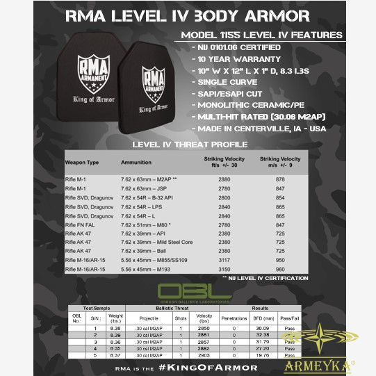 Бронежилет rma level nij iv (6-й клас захисту) сірий кераміка США 124707 фото